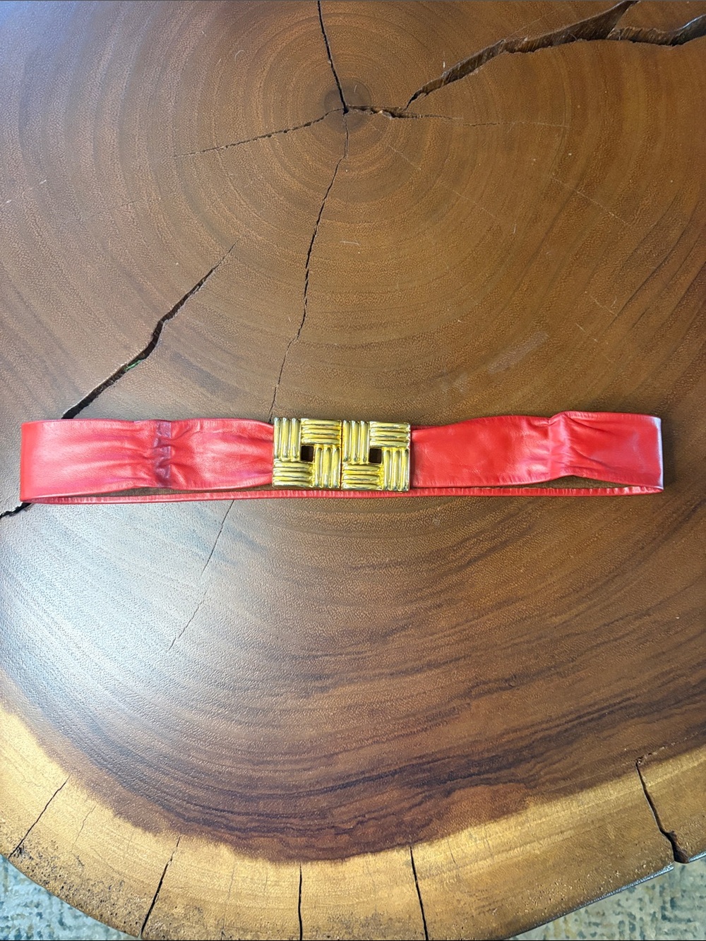 Vintage 80s Red Leather Wide Belt Gold Statement Buckle Adjustable Waist